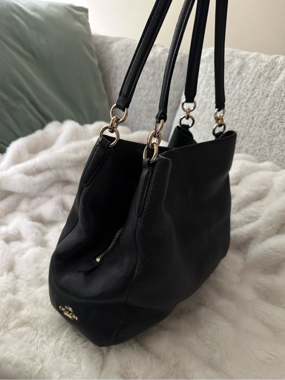 Coach Navy Blue Phoebe Pebbled Leather Shoulder Bag with Gold Hardware